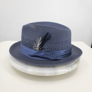 Bruno Capelo Dominic Collection Men Blue Woven Straw Fedora Hat Large Feather